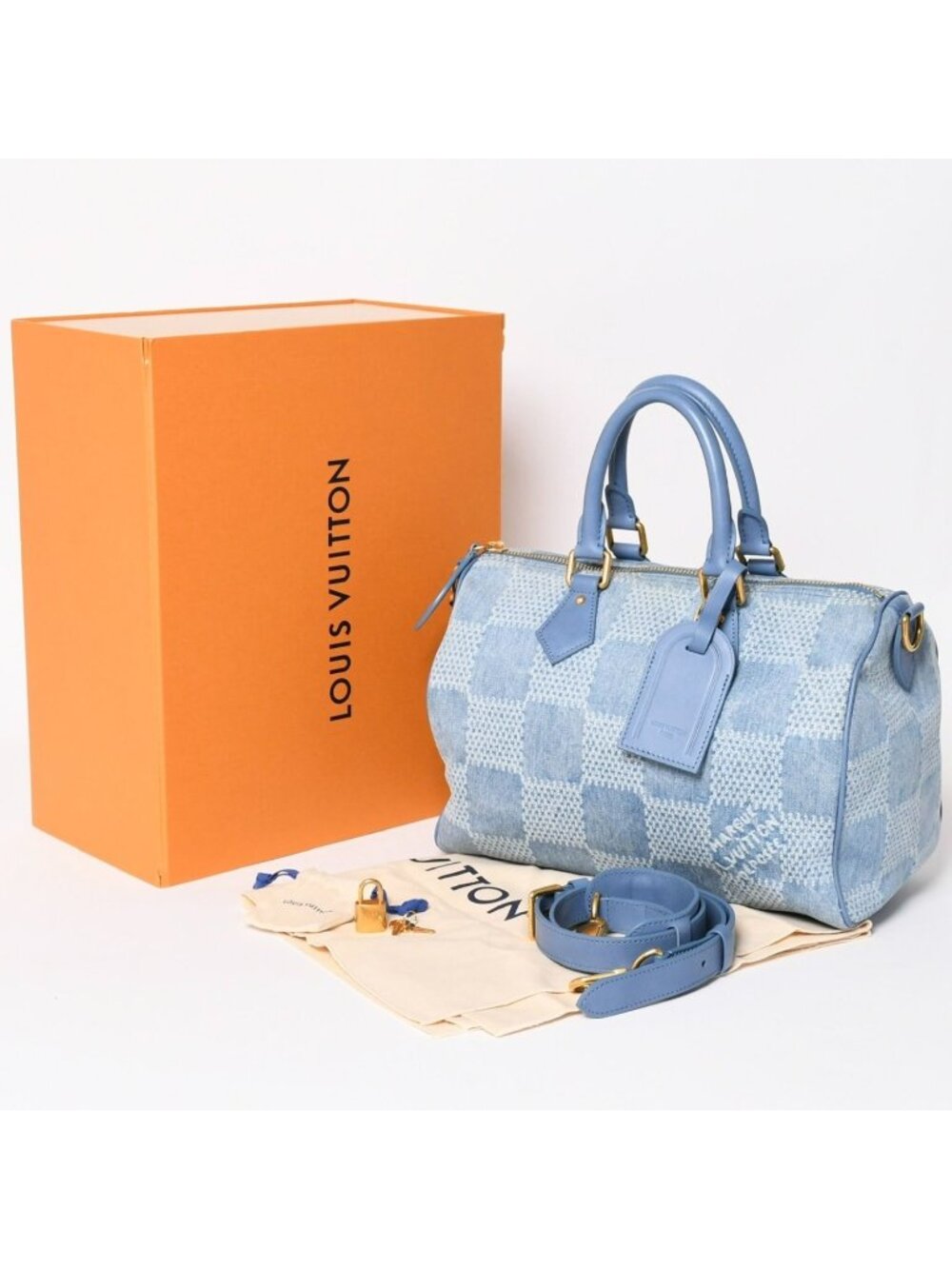 Louis Vuitton Speedy Bandouliere 30 Handbag Damier Denim 3D Cotton Blue Gold